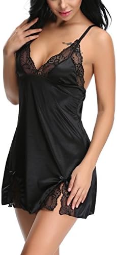 Holagift Women Sexy Lingerie Sleepwear V Neck Satin Lace Chemise Nightgown