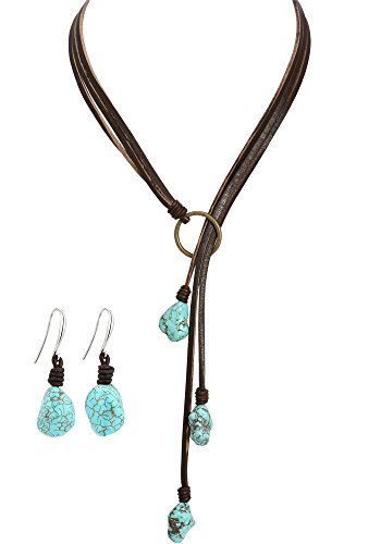 PERNNLA PEARL Synthetic Turquoise Necklace and Earrings Sets Handmade Bohemian Jewelry for Women Girls