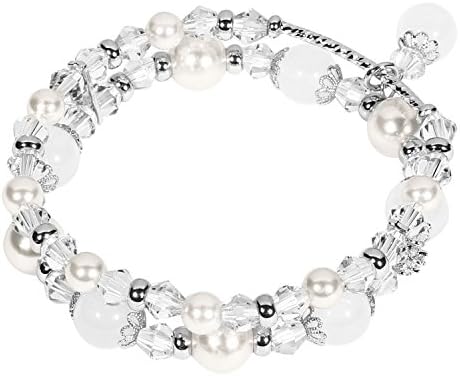 Tomazon Fashion Handmade Faux Pearl Beaded Crystals Stretch Elastic Wrap Around Wrist Bracelet Bangles for Women Girls (2 rows - white)
