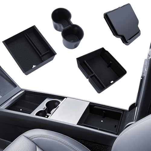 LANTU 4 Pack Accessories for Tesla Model Y 2025-2026 Juniper Center Console Organizer, Armrest Storage Box, Hidden Box and Cup Holder (Flocking)