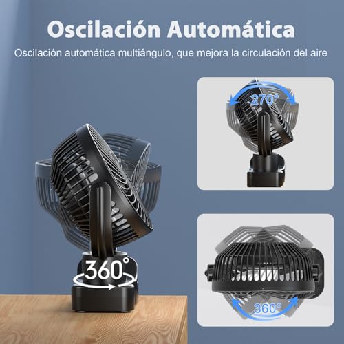 AWANFI 10000mAh Ventilador USB, Portátil Clip-on Fan, Recargable Ventilador con Mando a Distancia, Luz LED, Oscilación, Mini Ventilador de Mesa para Camping, Oficina, Habitacion, Cochecito