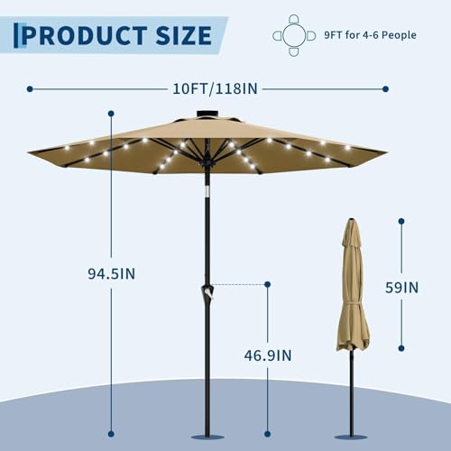 GarveeHome Ombrellone Da Giardino Solare 3 m Con 32 Luci LED, Protezione UV, Sollevamento a Manovella, Inclinazione Regolabile Con Pulsante, Per Terrazzo e Giardino