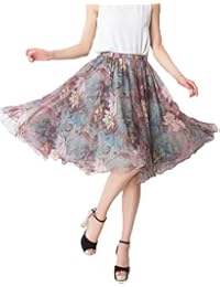 MINGXIN Gypsy/Bohemian Women's Printed Chiffon Pleated Knee-Long Skirt