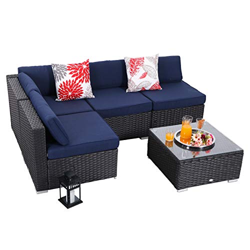 PHI VILLA 5Piece Outdoor Furniture Set Rattan Wicker Patio Sectional Sofa with LowBack and Tea