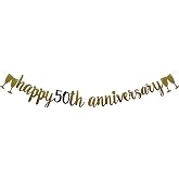 Happy 50th Anniversary Banner,Pre-Strung, Gold And Black Glitter Paper Party Decorations for 50th Wedding Anniversary Party Supplies Letters Black And Gold Betteryanzi