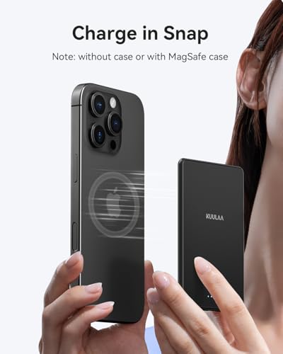 Kuulaa Power Bank 5000mAh 20W, Portable Charger Ultra-Slim Magsafe Power Bank with LED Lights, Magnetic Wireless Chargeur Portatif Powerbank Compatible with iPhone 17/16/15/14/13/12 - Matte Black