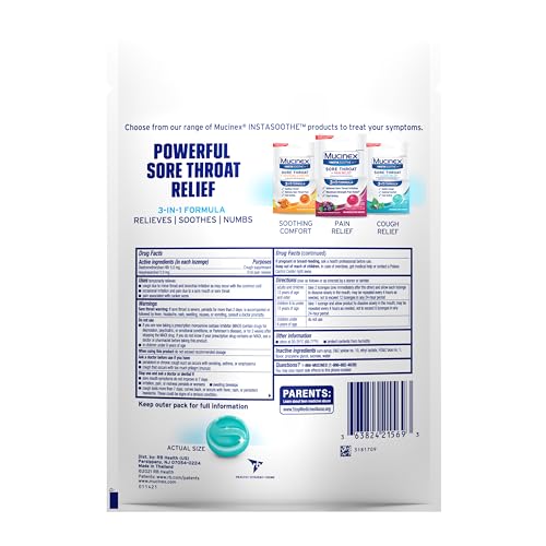 MUCINEX INSTASOOTHE SORE THROAT + COUGH RELIEF ALPINE HERBS & MINT FLAVOR, FAST ACTING, COOLING COMFORT, POWERFUL SORE THROAT ORAL PAIN RELIEVER, 40 MEDICATED DROPS