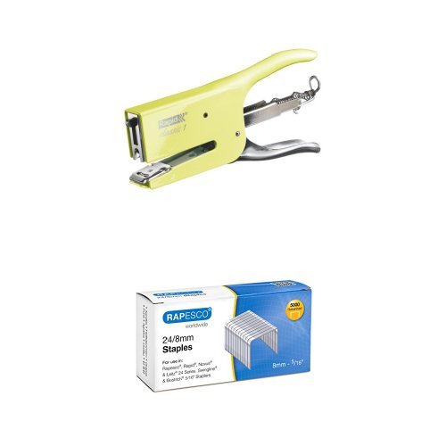 Rapid Retro Classic K1 Stapling Pliers for 26/6 and 26/8+ Staples - Mellow Yellow + Rapesco Galvanised Staples 24/8 mm - Box of 5,000