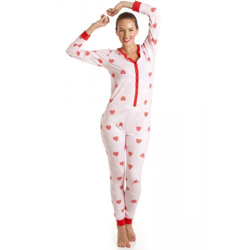 Camille Womens Ladies Cotton All In One Heart Print Onesie Pyjama 8/10 PINK