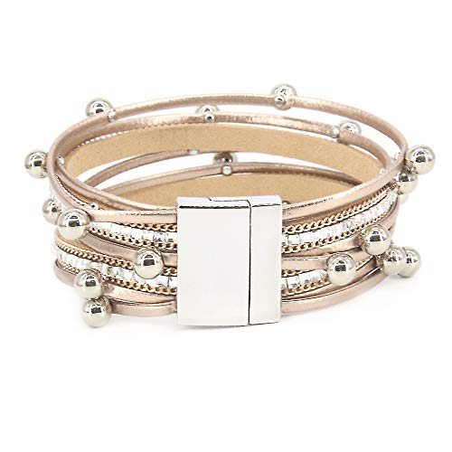 FANCY SHINY Bead Leather Bracelet Boho Wrap Bracelet Layered Rhinestone Cuff Bracelet with Magnetic Clasp,7.5"(Rose Gold)