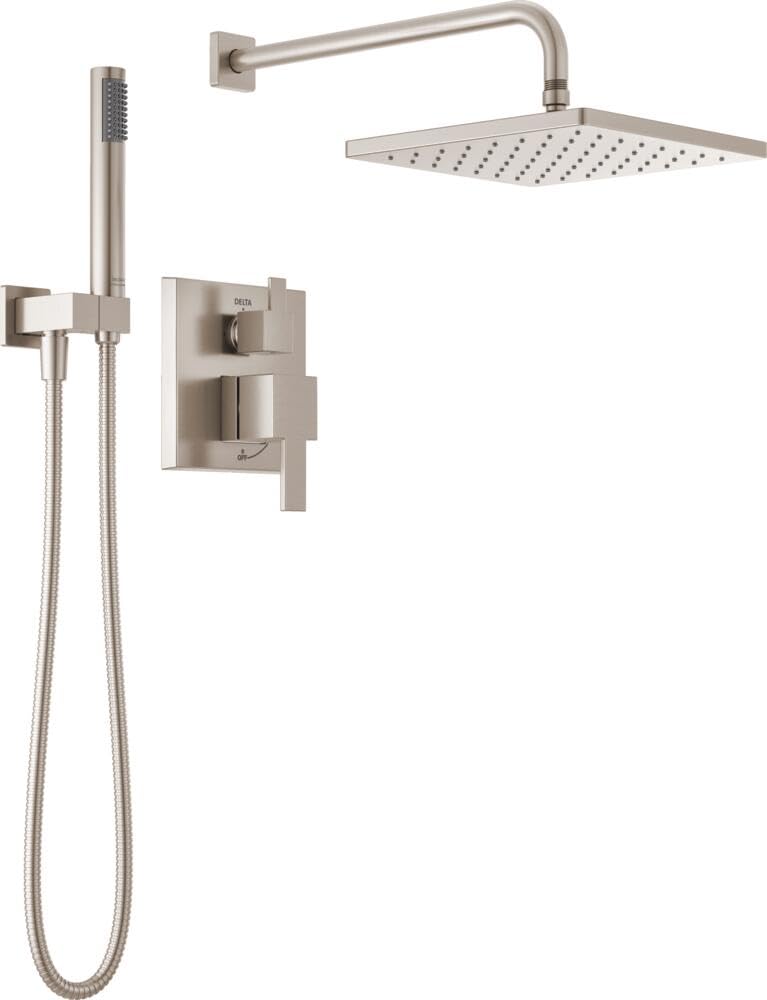 Photo 1 of ***misssing parts****Delta Modern 14 Series Square Rain Shower System Faucet Set, Rainfall Brushed Nickel Shower Head and Handle Set, Valve Trim Kit, 10 Inch, Spotshield Stainless 342701-SP