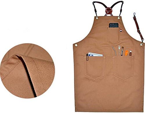XIAKA Denim Bib Apron w/X Back Leather Straps Barista Florist Bartender Chef Aprons (Brown, L)