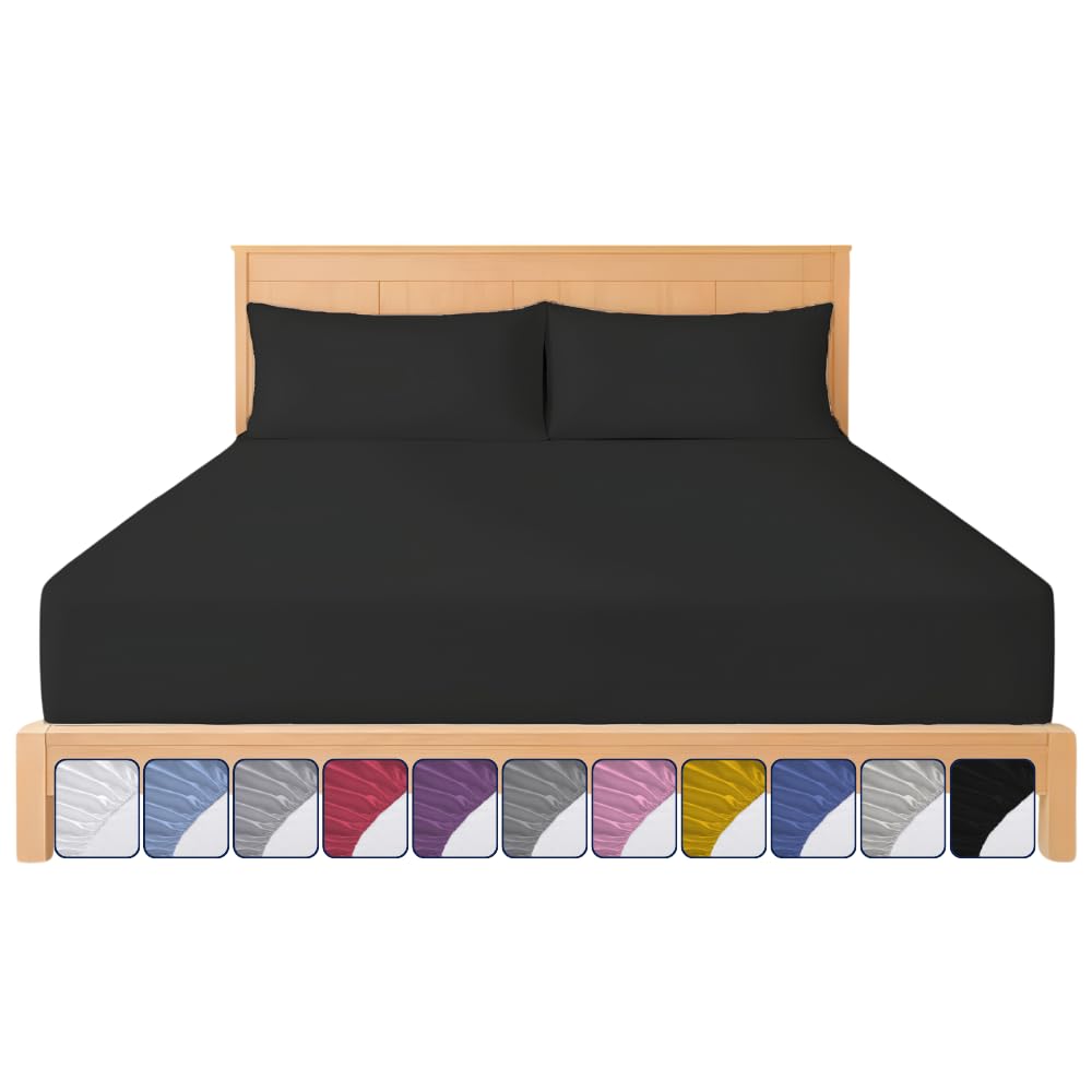 Fitted Sheet 40cm with Extra Deep Pockets - OEKO-TEX Certified Bed Sheet Double Size 137X190CM | Hotel Quality & Wrinkle Resistant | Brushed Microfibre Fitted Sheets (Black, Double 40 CM)