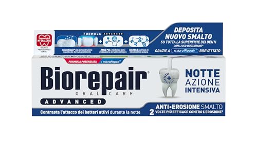 Biorepair, Geavanceerde tandpasta voor de nacht, intensief tegen erosie, 12 verpakkingen van 75 ml, beschermt en repareert het tandglazuur, antibacterieel, met MicroRepair, zink PCA en xylitol voor