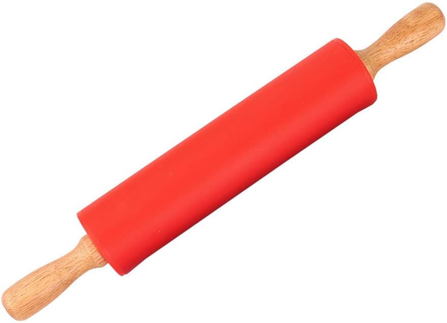 Fhuiml Wooden Handle Silicone Long Rollers Rolling Pin Kid Kitchen Cooking Baking Tool for Cookie, Pizza, Pasta, Dumpling Dough, Pastry Roller (Red,30x4cm)