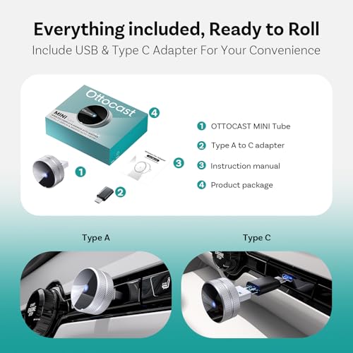 OTTOCAST Mini Tube 2026 Adaptador Inalámbrico para Apple CarPlay y Android Auto, Conexión Automática Plug & Play, WiFi 5 GHz Estable, Compatible con iPhone y Android, Carcasa Premium de Aluminio