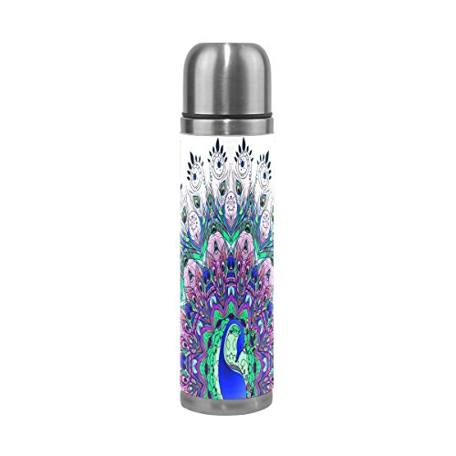 ALAZAUnicorn Alpaca Fox Stainless Steel Water Bottle Leak-Proof Double Walled Vacuum Insulated Travel Coffee Mug Genuine Leather Cover 17 Oz