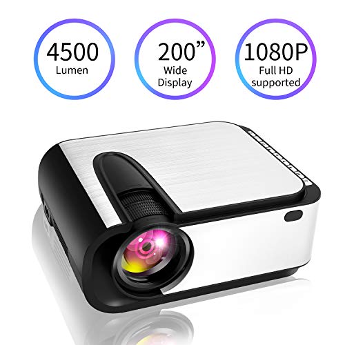 Video Projector, IKOLM L4500 Portable Projector, 1080P 1920×1080 200″ Display Supported Full HD Mini Movie Projector, Compatible with Smartphone/VGA/TV/PS4/DVD Ideal for Home Theater
