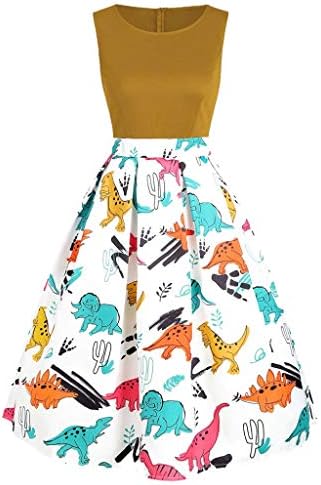 XuanhaFU Women Vintage Dress Sleeveless Ladies Dress O-Neck Dinosaur Print Tank Dress