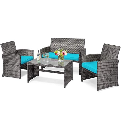 DORTALA 4 Piece Patio Furniture Set, Outdoor Wicker Conversation Set with Soft Cushions & Tempered Glass Coffee Table, Rattan Patio Sofa Bistro Sets for Courtyard Balcony, Turquoise