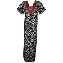 Mogul Interior Womens Maxi Dress Caftan Black Cotton Nightwear Kaftan Nightgown L