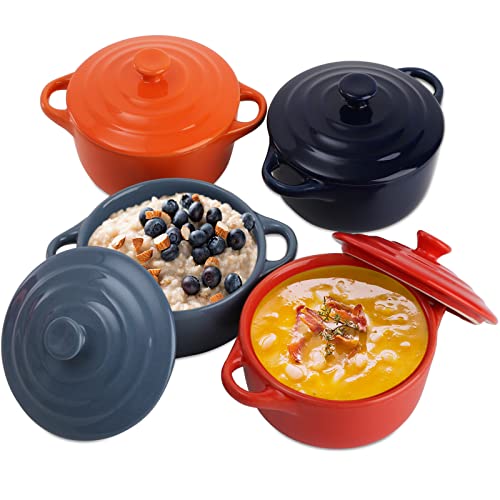 Jucoan 4 Pack Porcelain Ramekin with Lids and Handles Oven Safe, 8 oz Round Ramekins Souffle Creme Brulee Baking Dish, Pudding Custard Dish, Individual Servings Mini Casserole Dishes, 4 Colors