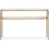 BOWERY HILL Contemporary Iron Accent Table, 30.25" H x 48" W x 10" D, Warm Gold Finish with Tempered Glass Shelves, Narrow Co