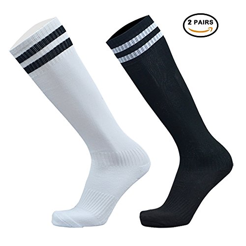 VWU 6 Pack Unisex Knee High Double Stripes Athletic Soccer Football Tube Socks for Adults&Children (Large, Black + white)