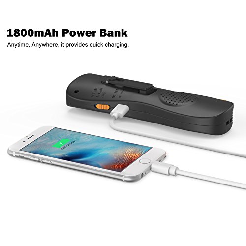 Hand Crank Flashlight Radio, Rhino Valley Portable Rechargable Emergency LED Torch, Multifunction Handy Tool Set and Cellphone Power Bank Charger for Outdoor Camping, Hiking and Home - Black