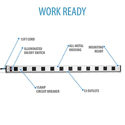 V7 PWS3312-1N 12-Outlet Horizontal Industrial Metal Power Strip 125V, 15A, 15-ft Cord, 5-15R