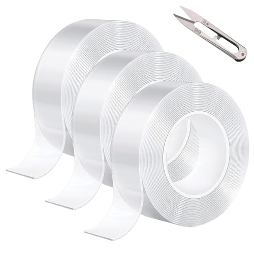 LSXD Cinta Doble Cara Extrafuerte, 3 Rollos 5M Nano Tape con Tijera, Adhesivos Doble Cara Transparente, Reutilizable y Lavable, Ideal para Pared, Cocina, Manualidades y Fijación de Fotos