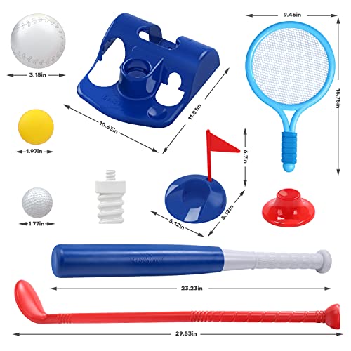 EagleStone 3 in 1 T Ball & Golf & Tennis Baseball Sets for Toddlers, Adjustable Tball Set for Kids 3-5, Golf Set with E-Practice Hole,Outdoor Indoor Game Toys w/ 11 Balls for Boys Girls