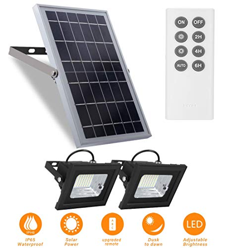 Solar Led Flood Lights Outdoor Dusk to Dawn Remote Solar Lights 10W 6V 13.6″x 9.3″ Solar Panels Lights with 800LM Dual 5.1″x 3.9″ 64LED Flood Lights for Sign,Flag Pole,Shed,Barn Lights