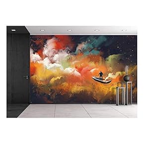 Man on a Boat in The Outer Space with Colorful Cloud,Illustration - Removable Wall Mural | Self-Adhesive Large Wallpaper - 66x96 inches