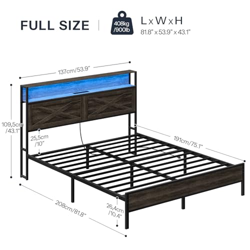 HOOBRO Full Size Bed Frame, Bed Frame with Charging Station and LED Lights, Headboard with Shelves, Heavy Duty Metal Frame, Noise-Free, Easy Assembly, No Box Springs Needed, Charcoal Black BC01UDBF01