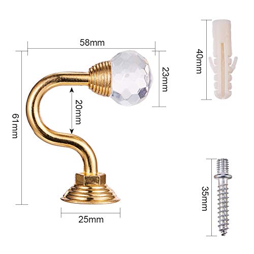INCREWAY 1 Pair Clear Crystal Curtain Holdbacks, Wall Mounted Tassel Curtain Tieback Hook Multi Use Wall Hook Coat Hanger with Screws, Gold