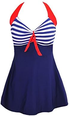 Vintage Halter One Piece Plus Size Cover Ups Swimsuit (XXXXL, Blue)