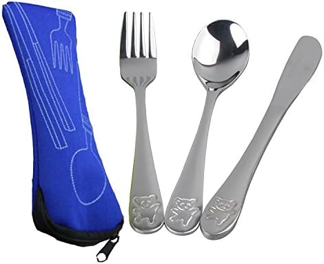 Dovia Stainless Metal Utensil Set, Bear Model, 3-Piece Flatware includes Spoon, Fork, Butter Knife, Colorful Cases (Blue)