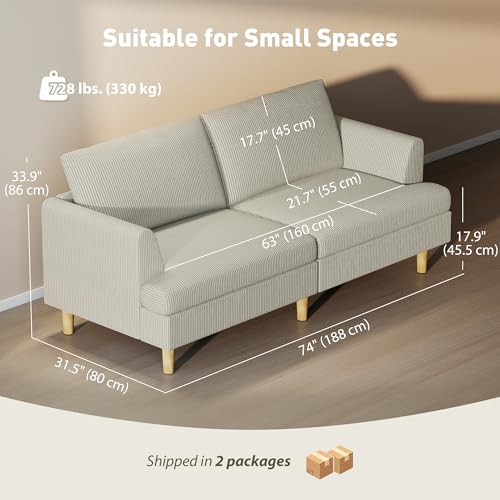HOMCOM 3 Seater Sofa, 74" Modern Corduroy Upholstered Couch with Thick Spring Cushions, Solid Wood Legs, Armrests for Living Room, Bedroom, Apartment, Beige