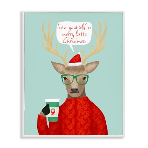 Stupell Industries Hipster Deer Merry Latte White Framed Giclee Art design by J…