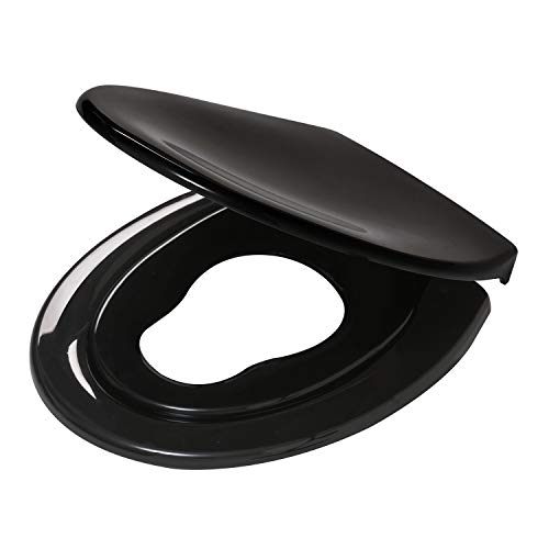 Tiger Tulsa Toilettensitz mit integriertem Kindersitz, WC-Sitz mit Absenkautomatik und Easy-Clean-Funktion, integrierter Sitz fuer Kinder mit magnetischer Halterung, Schwarz, Edelstahlbefestigung