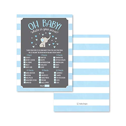 25 Blue Elephant What's In Your Purse Baby Shower Game, Funny Idea Coed Couples Game For Baby Party, Fun Woodland Themed Bundle Pack of Cards To Play at Boy Gender Kids Decorations and Supplies
