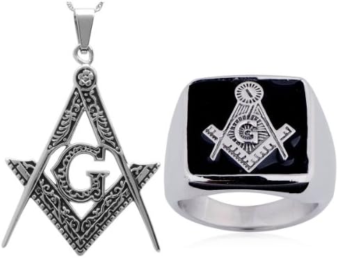 Hydia Steel Jewelry Set of Ring & Pendant Necklace Masonic G Square Compass Amulet