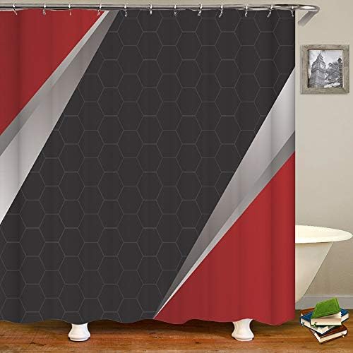 OCCIGANT Sports Theme Shower Curtain,Dark Football Geometric Hexagon Texture Covered by Symmetrical Red Silver Triangles,Waterproof Polyester Fabric Bathroom Decor Curtain Set with Hooks