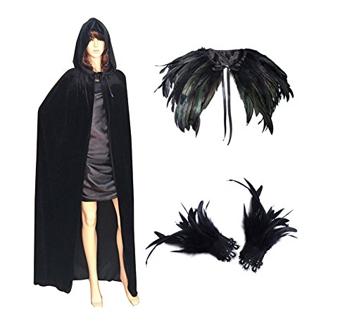 L'vow Fashion Gothic Hooded Womens Black Feather Cape Cuffs Cloak Long Coats Set (M)