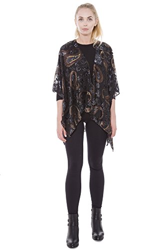 BYOS Boho Stylish Semi Sheer Mesh Open Front Burnout Floral & Paisley Print Velvet Kimono Cardigan Robe (Black Paisley)