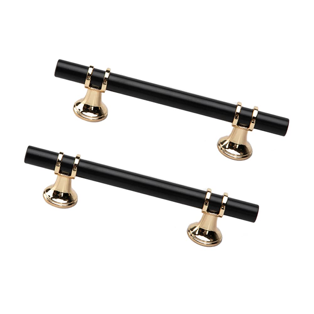 Dreneco 2 Pack Cupboard Handles Zinc Alloy Kitchen T Bar Handle Drawer Wardrobe Cabinet Furniture Door Pulls Knobs (96mm Hole centres, Black+Gold)
