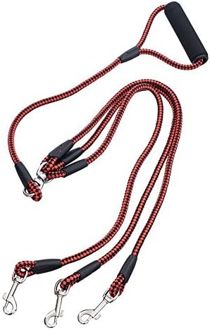 COCOPET Heavy Duty Nylon 3 Way Dog Coupler Braid Leash Tangle Free Pet Leash For Walking Three Dogs Red