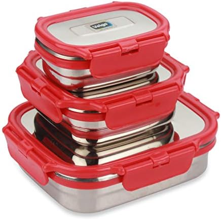 Veigo Premium Finish Classic Celebration Big, Small & Medium Stainless Steel Lunch Box Airtight Leakproof Easy to fit into Any Bags Perfect for Office,School,Outdoor-630ml+330ml+180ml Red