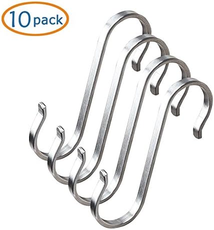 Anti-Falling Design Flat S Shaped Hooks Kitchen Pot Pan Hanger Clothes Holder Brushed Stainless Steel Metal Pack of 10 - (L)